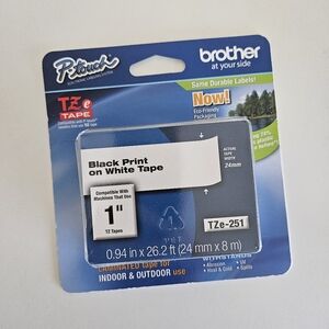 New Brother P-Touch TZe-251 Continuous Label TapeBlack On White 1" W 26.2 Ft